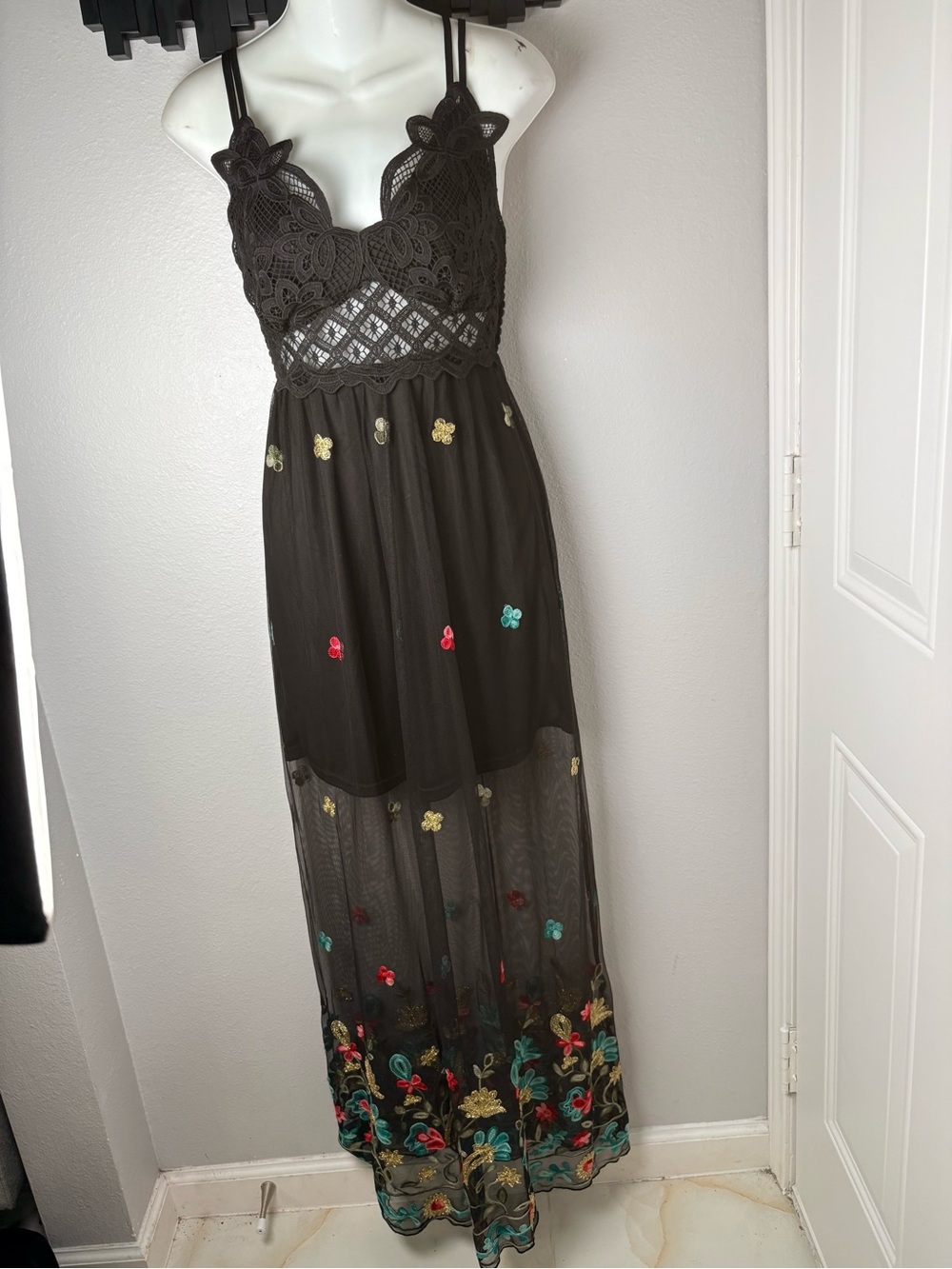 Rebellion Black Embroidered Mesh Lace Crochet Top Maxi Dress Size S